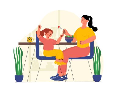 Çocuk yemeyi reddediyor. Kızım annesinden yiyecek bir şey istemiyor. Salatalı okul çocuğu. Mutfakta sinirli ve yaramaz bir çocuk var. Çizgi film düz vektör çizimi beyaz arkaplanda izole edildi