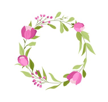 Çiçekler yuvarlak çerçeve. Düğün ve evlilik töreni için buketler. Güzellik, estetik ve zarafet. Suluboya çizimi. Çizgi film düz vektör çizimi beyaz arkaplanda izole edildi