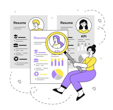 KPI HR uzmanı doğrusal. Büyüteci olan kadın istatistikleri değerlendirir. Grafikler ve diyagramlar. Loupe 'lu genç kız CV' ye bak. Kelle avcılığı ve adam toplama. Doodle düz vektör çizimi
