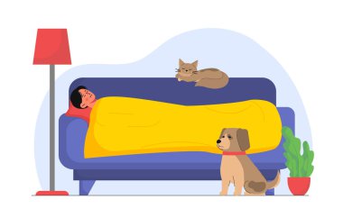 Kanepede uyuyan adam. Genç adam kedi ve köpekle yastıkta yatıyor. Dinlen ve gün içinde rahatla. Rahat ve rahat bir odada tembel bir insan. Çizgi film düz vektör çizimi beyaz arkaplanda izole edildi