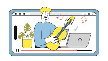 Çevrimiçi konser çizgisine sahip bir adam. Akıllı telefon ekranında ya da ekranda elinde gitar olan genç adam. Videolu blog yazarı. Müzikal performans. Basit düz vektör çizimi beyaz arkaplanda izole edildi