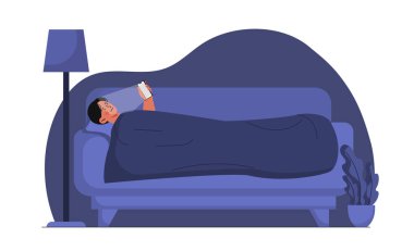 Geceleri telefonu olan bir adam. Sosyal ağlara bağımlı genç bir adam. Sağlıksız yaşam ve kötü alışkanlıklar. Yatağında alet olan biri. Çizgi film düz vektör çizimi beyaz arkaplanda izole edildi