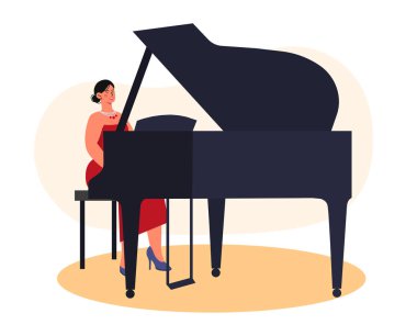 Piyanist konsepti icra eder. Kırmızı elbiseli kadın piyanonun yanında oturuyor. Sahne veya sahnede yetenekli müzisyen ve sanatçı. Yaratıcılık ve sanat. Çizgi film düz vektör çizimi beyaz arkaplanda izole edildi