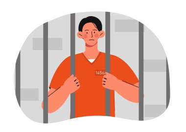 Mahkum adam konsepti. Kırmızı tulumlu genç hücrede oturuyor. Hapisteki suçlu. Cezalı bir kanun kaçağı. Adalet ve kanunlar. Çizgi film düz vektör çizimi beyaz arkaplanda izole edildi