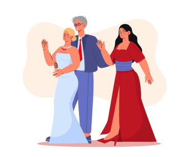 Zengin yaşlı adam. Genç ve güzel elbiseli kızları olan yaşlı biri. Zenginlik ve rahatlık. Yetenekli yatırımcı ve iş adamı. Çizgi film düz vektör çizimi beyaz arkaplanda izole edildi