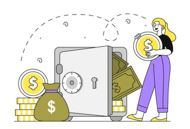 Karalama yapabilen bir kadın. Bankotları ve altın paraları olan genç bir kız. Finansal okuryazarlık. Bütçe ve muhasebe. Basit düz vektör çizimi beyaz arkaplanda izole edildi