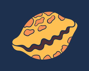 Deniz kabuğu karalama konsepti. Sarı ve turuncu organik desenler. Deniz hayvanı, su altı bitki örtüsü ve fauna. Şablon ve düzen. Basit düz vektör çizimi mavi arkaplanda izole edildi