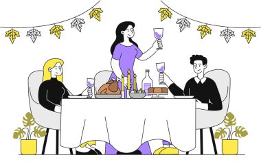 Şükran Günü kutlaması doğrusal. Kadın, oğlu ve kızıyla aynı masada oturuyor. Alkollü içeceklerle birlikte hindi. Basit düz vektör çizimi beyaz arkaplanda izole edildi