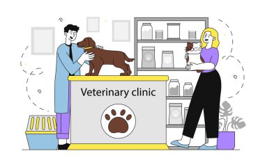 Veteriner kliniği karalaması. Kadın, evcil hayvanla doktora gelmiş. Evcil hayvanları umursuyorum. Adam köpeğe davranır. Sağlık ve ilaç. Basit düz vektör çizimi beyaz arkaplanda izole edildi