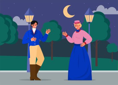 Viktorya dönemi randevu konsepti. Eski elbiseli bir adam ve kadın. Şehir parkından tarihi bir sahne. 19. yüzyıldan kalma Avrupalı kostümlü insanlar. Poster ya da afiş. Çizgi film düz vektör çizimi