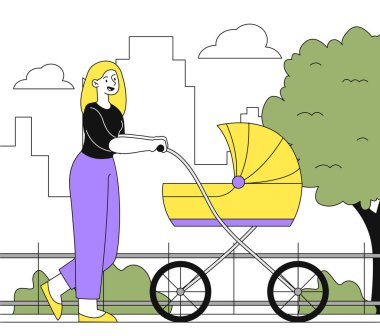 Kadın çocuk karalaması ile yürüyor. Genç kız dışarıda sarı bebek arabasıyla yürüyor. Annelik ve ebeveynlik. Bebeğe bak. Basit düz vektör çizimi beyaz arkaplanda izole edildi