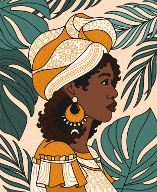 Ormandaki Afrikalı kadın kadar basit. Tropik ve egzotik yaprakların yanında geleneksel giysiler içinde genç bir kız. Güzellik, zarafet ve estetik. Çizgi film düz vektör çizimi bej arkaplanda izole edildi