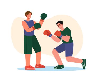Boksör adam dövüşü konsepti. Dövüş ve antrenman. Aktif yaşam tarzı ve boş zaman. Spor ve spor. Sporcular ve sporcular. Çizgi film düz vektör çizimi beyaz arkaplanda izole edildi