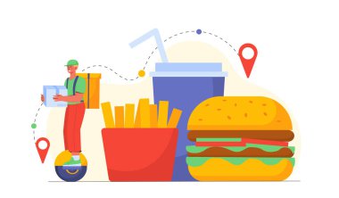 Fast food teslimat konsepti. Paketi paket servis edilen bir kurye. Hamburger, soda ve patates kızartması. Kafe ya da yemek servisi. Çevrimiçi alışveriş ve elektronik ticaret. Çizgi film düz vektör çizimi
