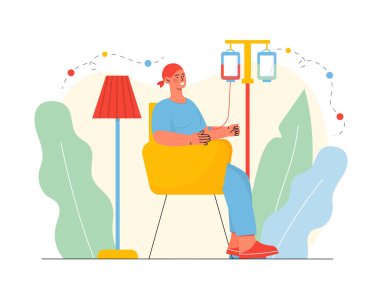 Onkoloji hastası konsepti. Kırmızı bandanalı bir adam tezgahta oturuyor. Sağlık ve kanser tedavisi. Hastanedeki hasta. Çizgi film düz vektör çizimi beyaz arkaplanda izole edildi