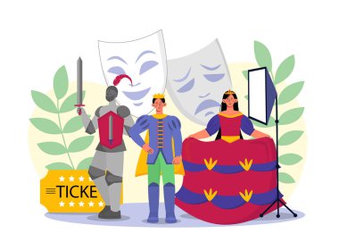 Tiyatro performansı konsepti. Giysiler içindeki kadın ve erkek. Prenses ve şövalye. Tiyatro biletleri. Eğlence ve eğlence, eğlence. Çizgi film düz vektör çizimi beyaz arkaplanda izole edildi