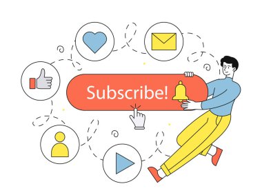 Adam lineer abone. Sosyal ağlarda ve habercilerde popüler blogcu ve blogcu. Abone düğmesinin yanındaki genç adam. Beyaz arkaplanda karalama düz vektör çizimi izole