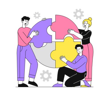 Takım çalışması basit insanlar. Renkli bulmacaları olan erkek ve kız. İşbirliği ve işbirliği, ortaklık. Verimli iş akışı düzenleniyor. Beyaz arkaplanda izole edilmiş doğrusal düz vektör çizimi