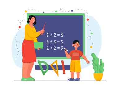 Çocuk konsepti olan kızgın bir öğretmen. Matematik dersinde çocukla birlikte bir kadın, denklemli karatahtanın yanında. Eğitim ve öğrenim. Ağlayan çocuğu olan sinirli bir öğretmen. Çizgi film düz vektör çizimi