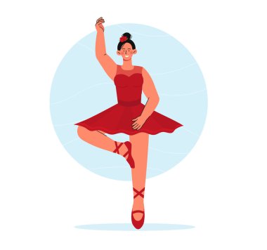 Kırmızı elbiseli balerin. Dansçı gösteri yapıyor. Girişim ve rahatlık. Dans için giyinmiş bir kadın. Dersler ve dersler, master sınıfı. Çizgi film düz vektör çizimi beyaz arkaplanda izole edildi