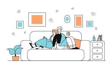 Birkaç tanesi ev çizgisinde dinleniyor. Kadın ve erkek sıcak içeceklerle kanepede oturuyorlar. Evde romantik bir randevu. Rahatlık ve rahatlık. Beyaz arkaplanda karalama düz vektör çizimi izole