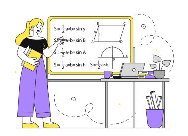 Basit matematik kavramına sahip bir kadın. Matematiksel formüller ve denklemlerle karatahtanın yanında duran genç kız. Eğitim ve öğrenim. Beyaz arkaplanda karalama düz vektör çizimi izole