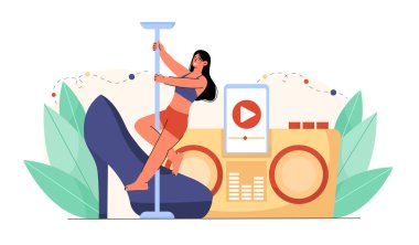 Polonyalı dansçı kadın konsepti. Topuklularla dans eden genç kız. Seksi dansçı ve striptizci. Aktif yaşam tarzı ve eğlence, eğlence. Çizgi film düz vektör çizimi beyaz arkaplanda izole edildi