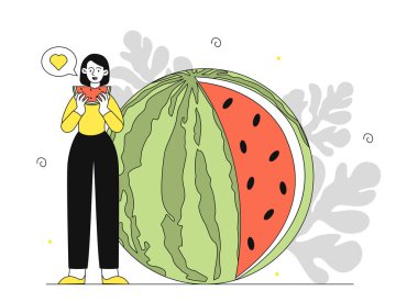 Karpuz doğrusal. Vitaminli doğal ve organik ürünlerin yanında duran genç bir kız. Olgun ve sulu bir ürün. Yaz yemeği ve yemek, lezzet. Doodle düz vektör çizimi
