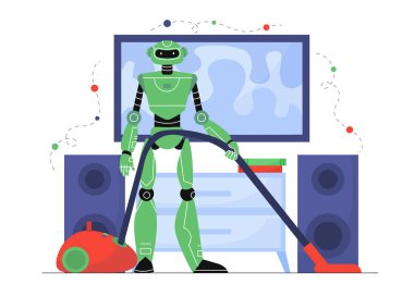 Temizlik robotu konsepti. Evde elektrikli süpürgesi olan yeşil bir cyborg. Yapay Zeka ve Makine Öğrenme. Ev işleri, rutin, hijyen. Çizgi film düz vektör çizimi