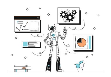 Robot iş yerinde basit. Yapay zeka ve makine öğrenimi. Grafikleri ve diyagramları olan bir Cyborg. Modern teknolojiler ve yenilikler. Sanal asistan ve yardımcı. Doğrusal düz vektör çizimi