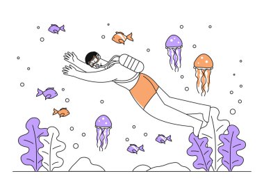 Sualtı dalgıcı doğrusal. Suyun altında oksijeni olan genç bir adam. Aktif yaşam tarzı ve boş zaman. Ekstrem sporlar. Deniz ya da okyanus araştırması. Beyaz arkaplanda karalama düz vektör çizimi izole