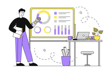 İş analizi basit. Genç adam bilgi ve istatistiklere yakın duruyor. Analistler pazarlama araştırması yürütüyor. Veri görselleştirmesi yapan bir iş adamı. Doodle düz vektör çizimi