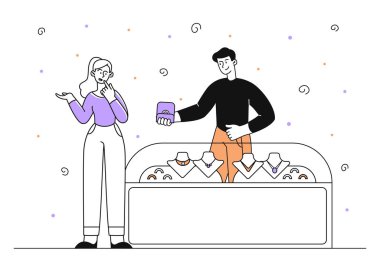 Mücevher satın alan kadın. Altın yüzüklü ve neklaveli vitrinin yanındaki genç kız. Güzellik, estetik ve zarafet. Alıcı ve satıcı. Beyaz arkaplanda karalama düz vektör çizimi izole