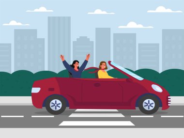 Cabriolet konsepti olan kadınlar. Şehir caddesinde pahalı kırmızı arabalı genç kızlar. Zengin ve zengin insanlar. Nakliyesi olan bayan. Seyahatler, turistler, gezi. Çizgi film düz vektör çizimi