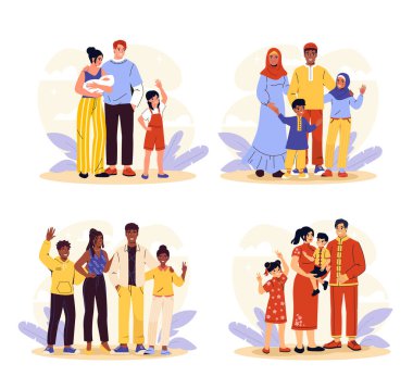 Farklı milletler, farklı aileler. Asyalı, Müslüman, Afro-Amerikan ve Kafkas halkı. Hoşgörü ve birlik. Ebeveynler ve çocuklar. Çizgi film düz vektör koleksiyonu beyaz arkaplanda izole edildi