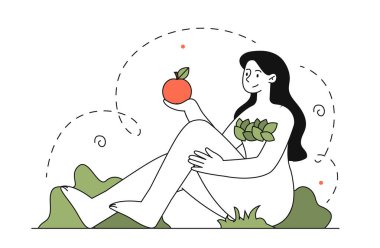 Eva, elmalı sade. Yeşil yapraklı, meyveli çıplak kadın. Geleneksel Hıristiyanlık mitolojisi ve efsanesi. İnanç ve inanç. Beyaz arkaplanda karalama düz vektör çizimi izole