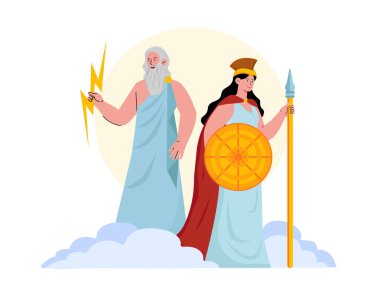Yunan tanrıları konsepti. Şimşeği olan bir adam ve kalkanı ve mızrağı olan bir kadın. Eski mitoloji ve efsane. Zeus ve Afina. Çizgi film düz vektör çizimi beyaz arkaplanda izole edildi