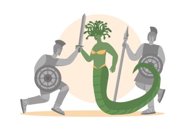 Medusa gorgon concept. Green woman with tail and snakes at hairs. Greek and Roman mythology. Ancient warriors with shields and spears. Cartoon flat vector illustration isolated on white background clipart