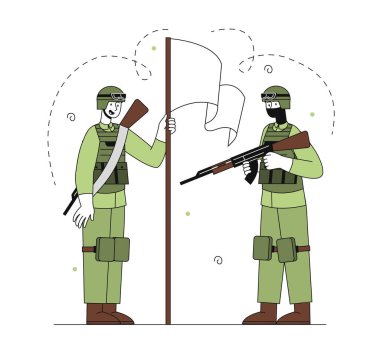 Askerler basittir. Yeşil hacky kostümlü makineli tüfekli iki adam. Savaşçılar ve silahlı karakterler. Kamuflaj savaşı. Beyaz arkaplanda karalama düz vektör çizimi izole