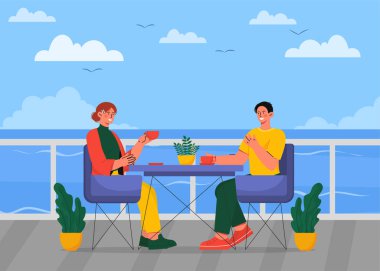 Deniz kenarında bir restoran. Okyanus kıyısındaki kafede oturan kadın ve erkek. Romantik bir randevuda seyahat ve turistler. Tropik ve egzotik bir ülke. Aşk ve romantizm. Çizgi film düz vektör çizimi