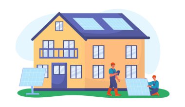 Güneş panelleri evde. Çevreye ve ekolojiye önem ver. Sürdürülebilir yaşam tarzı ve alternatif enerji kaynakları. Karbondioksit salınımını atmosfere düşürüyor. Çizgi film düz vektör çizimi