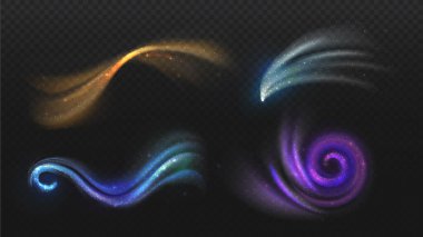 Gerçekçi ışık efektleri ayarlandı. Mor, sarı ve mavi ışıltılar kopyalama uzayında. Sihirbaz etkisi. Galaksi ve evren, evren. Şeffaf arkaplanda izole edilmiş Isometric vektör koleksiyonu