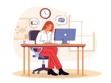 Çalışkan kadınlardan bıktım. Duygusal çöküntüye uğramış aşırı çalışan bir çalışan. Bilgisayar monitörünün yanında dağınık genç bir kız. İş yerinde uyuyor. Çizgi film düz vektör çizimi beyaz arkaplanda izole edildi