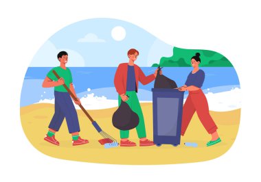 İnsanlar plajı temizliyor. Tırmık ve çanta taşıyan adamlar plastik şişe toplar. Kıyı şeridinin kirliliği. Çevre dostu eylemciler ve gönüllüler. Çizgi film düz vektör çizimi beyaz arkaplanda izole edildi