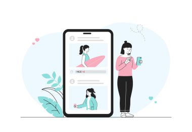Yorum yazıya döküldü. Kadın sosyal medyada iletişim kuruyor. Kullanıcı reaksiyonu fotoğraf altında bırakır. Sosyal ağlarda takipçiler resimleri sever. Beyaz arkaplanda izole edilmiş doğrusal düz vektör çizimi