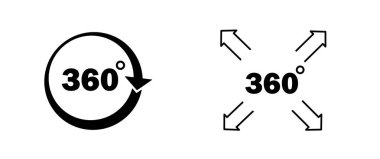 360 derece ikon ayarlandı. Döndürme ve görüş açısı. Simülasyon ve sanal gerçeklik, VR. Panorama ve rotasyon. Logot ve amblem. Düz vektör koleksiyonu beyaz arkaplanda izole edildi