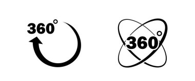 360 derece ikon ayarlandı. Döndürme ve görüş açısı. Simülasyon, manzara ve dönüş. Şablon ve düzen. Web sitesi için grafik ögesi. Düz vektör koleksiyonu beyaz arkaplanda izole edildi