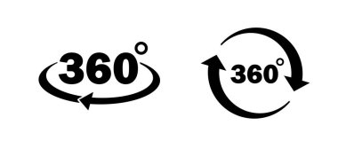 360 derece ikon ayarlandı. Döndürme ve görüş açısı. Simülasyon, manzara ve dönüş. Sanal gerçeklik ve siber uzay. Sosyal medya etiketi. Düz vektör koleksiyonu beyaz arkaplanda izole edildi