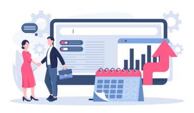 Kriz önleme stratejisi aktif. Erkek ve kadın bilgisayarın arka planında istatistiklerle el sıkışıyor. İşbirliği ve işbirliği, ortaklık. Durgunluk ve iflas. Düz vektör illüstrasyonu