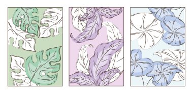 Yaprakları çizilmiş posterler. Minimalist sanat objesi. Yeşil, mavi ve mor yapraklar. Bahar ya da yaz. Estetik ve zarafet. Beyaz arkaplanda izole edilmiş doğrusal vektör koleksiyonu